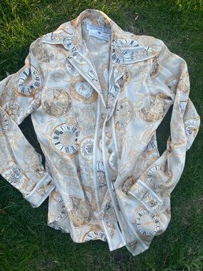 Saks Fifth Avenue Cream and Gold Printed Silk Blouse